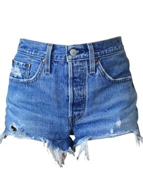 Levi’s 501 high waisted medium wash distressed blue denim shorts
